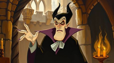 A captivating oil painting depicts a classic Disney villain with sharp features and pale skin, casting a spell within the anc