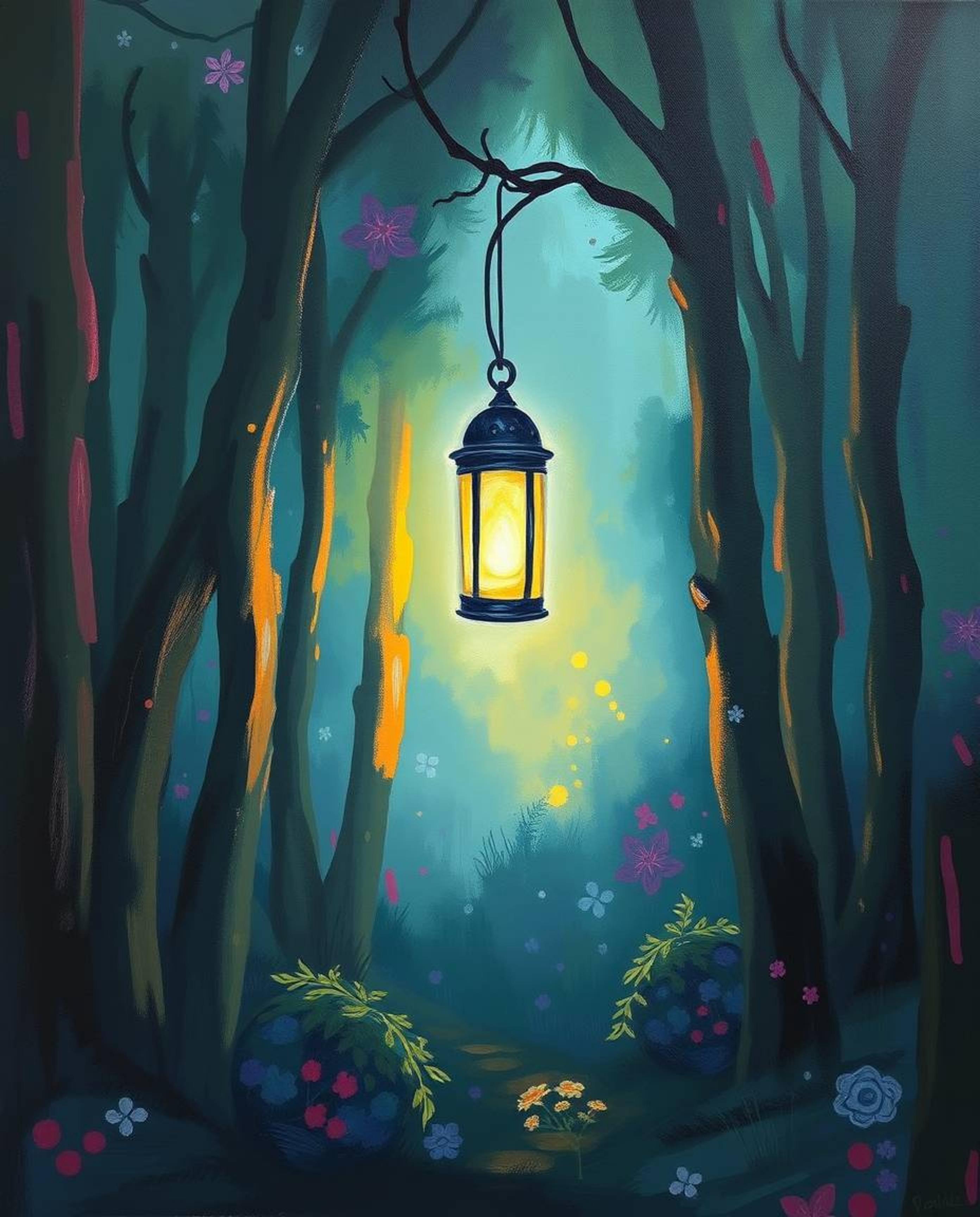 A bold acrylic painting captures the ethereal beauty of a glowing lantern illuminating a soft, dreamy dark forest. Hazy, soft