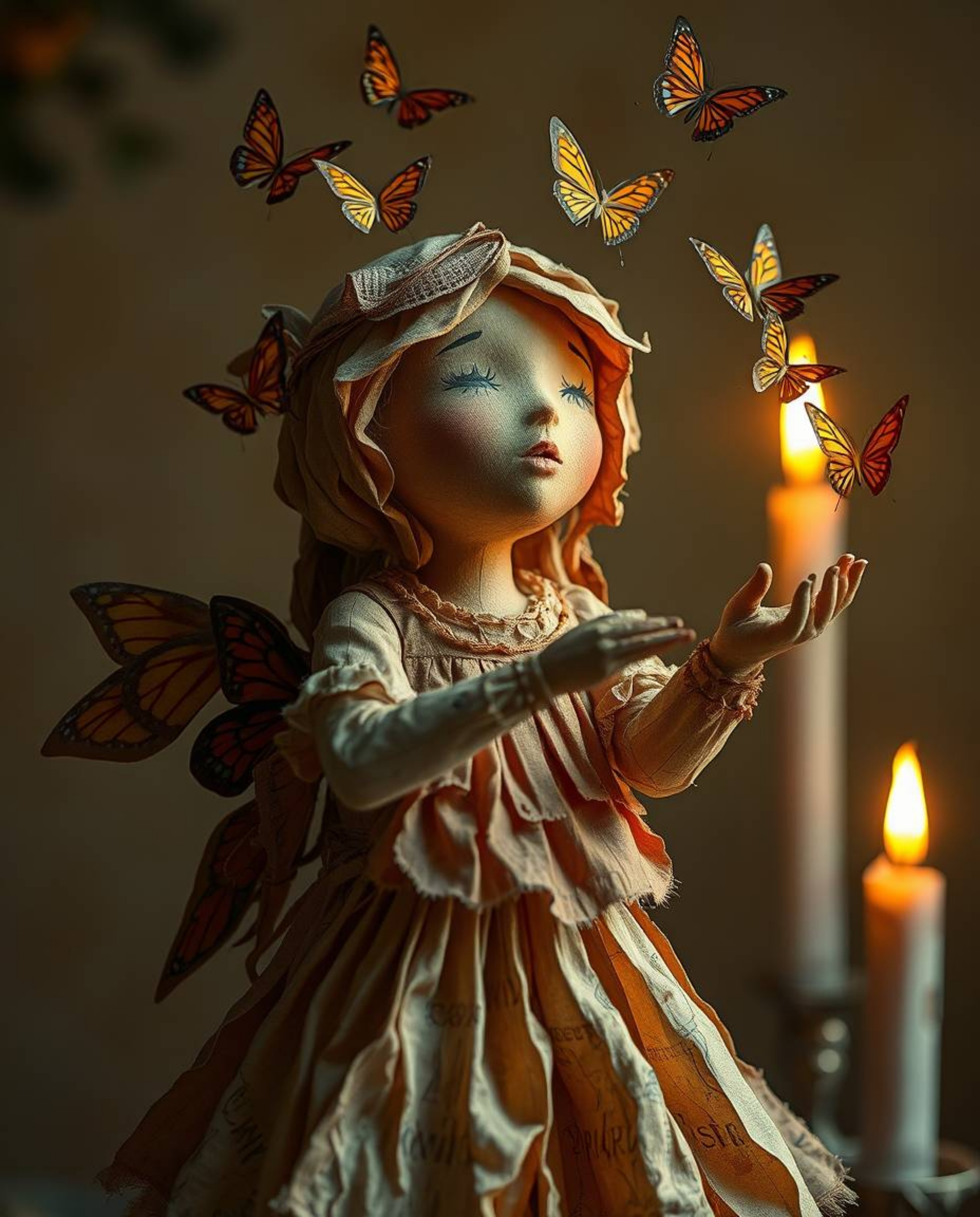 A captivating image of a sculpted papier-mâché girl releasing butterflies into a warm candlelit scene. The artwork features l