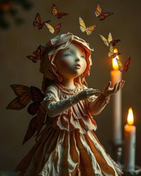 A captivating image of a sculpted papier-mâché girl releasing butterflies into a warm candlelit scene. The artwork features l