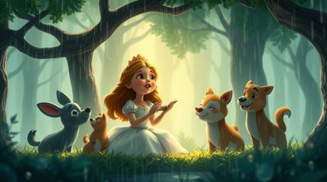 Experience an epic scene where a princess sings with forest animals in a charming vintage 2D animation style. This modern fut