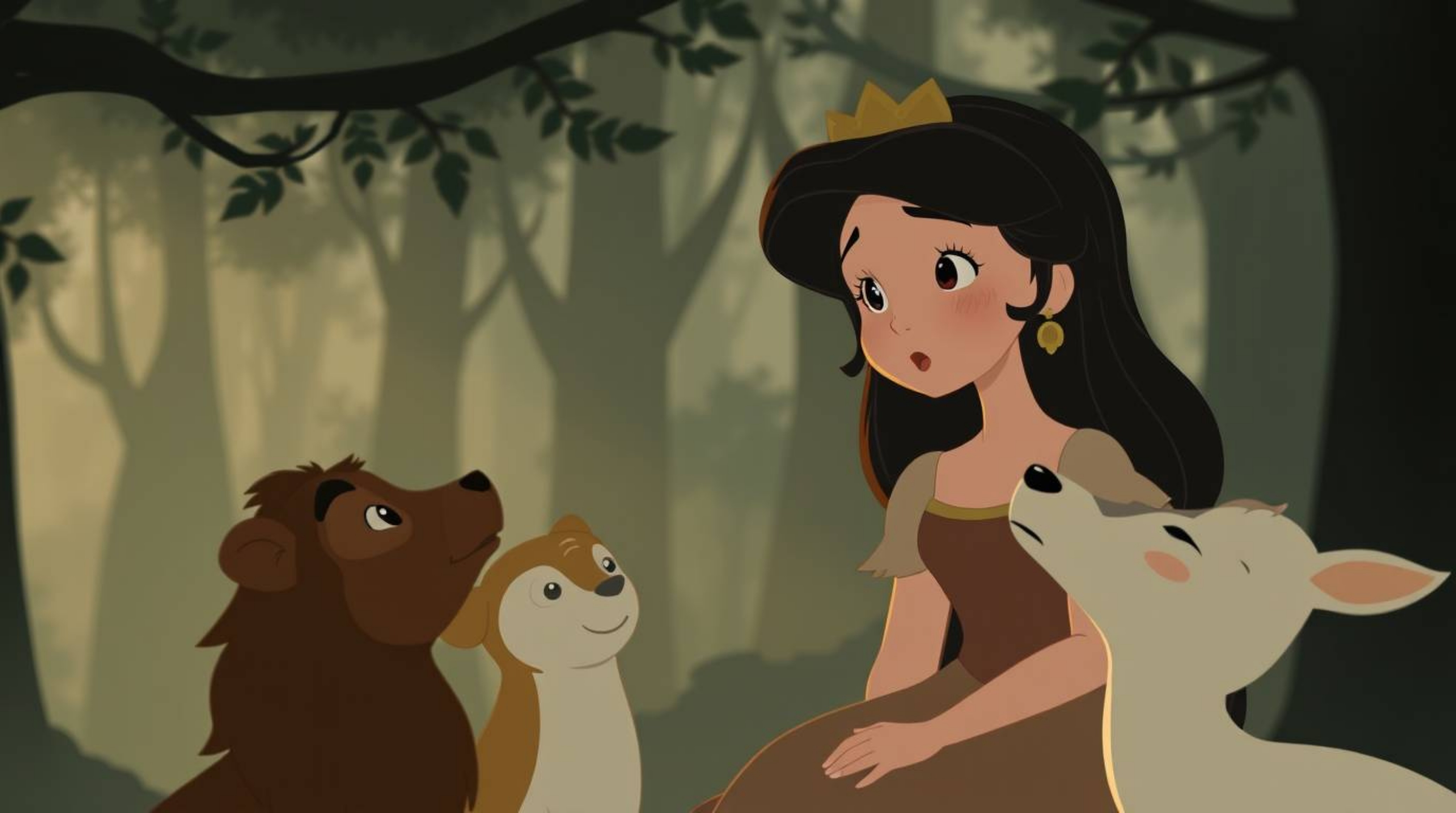A moody, low-contrast photograph depicting a princess with dark hair and pale skin singing to forest animals in a vintage 2D 
