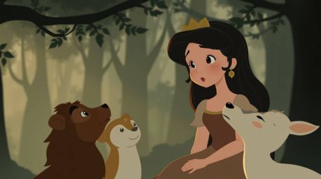 A moody, low-contrast photograph depicting a princess with dark hair and pale skin singing to forest animals in a vintage 2D 