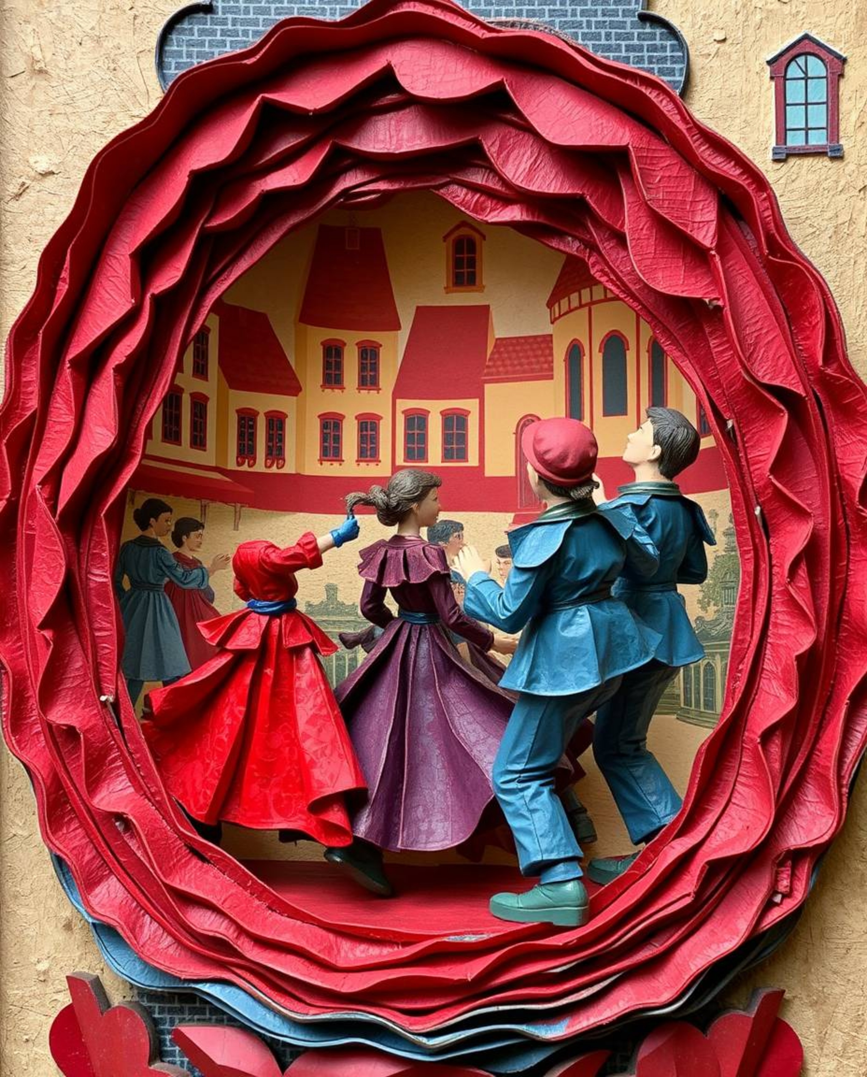 A captivating papier-mâché sculpture depicts a vibrant musical performance in a sun-drenched town square.  The artwork showca