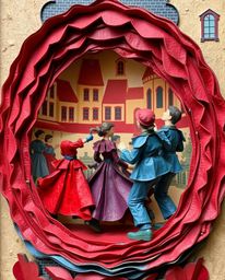 A captivating papier-mâché sculpture depicts a vibrant musical performance in a sun-drenched town square. The artwork showca