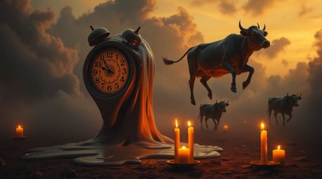 Experience a captivating surreal dreamscape featuring melting clocks and floating cows.  Rendered in a dramatic cinematic sty