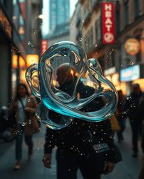 Capture the essence of urban life with candid street photography featuring glassy, fluid 3D shapes in motion, surrounded by g