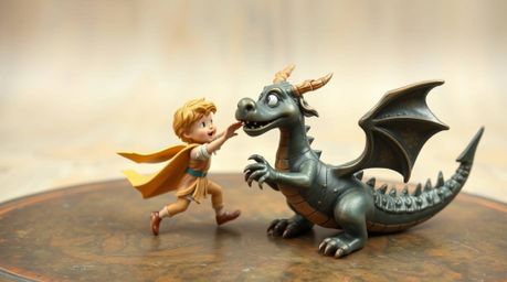 This image depicts a charming prince in the midst of a heroic battle against a fearsome dragon, rendered in a delightful, ant