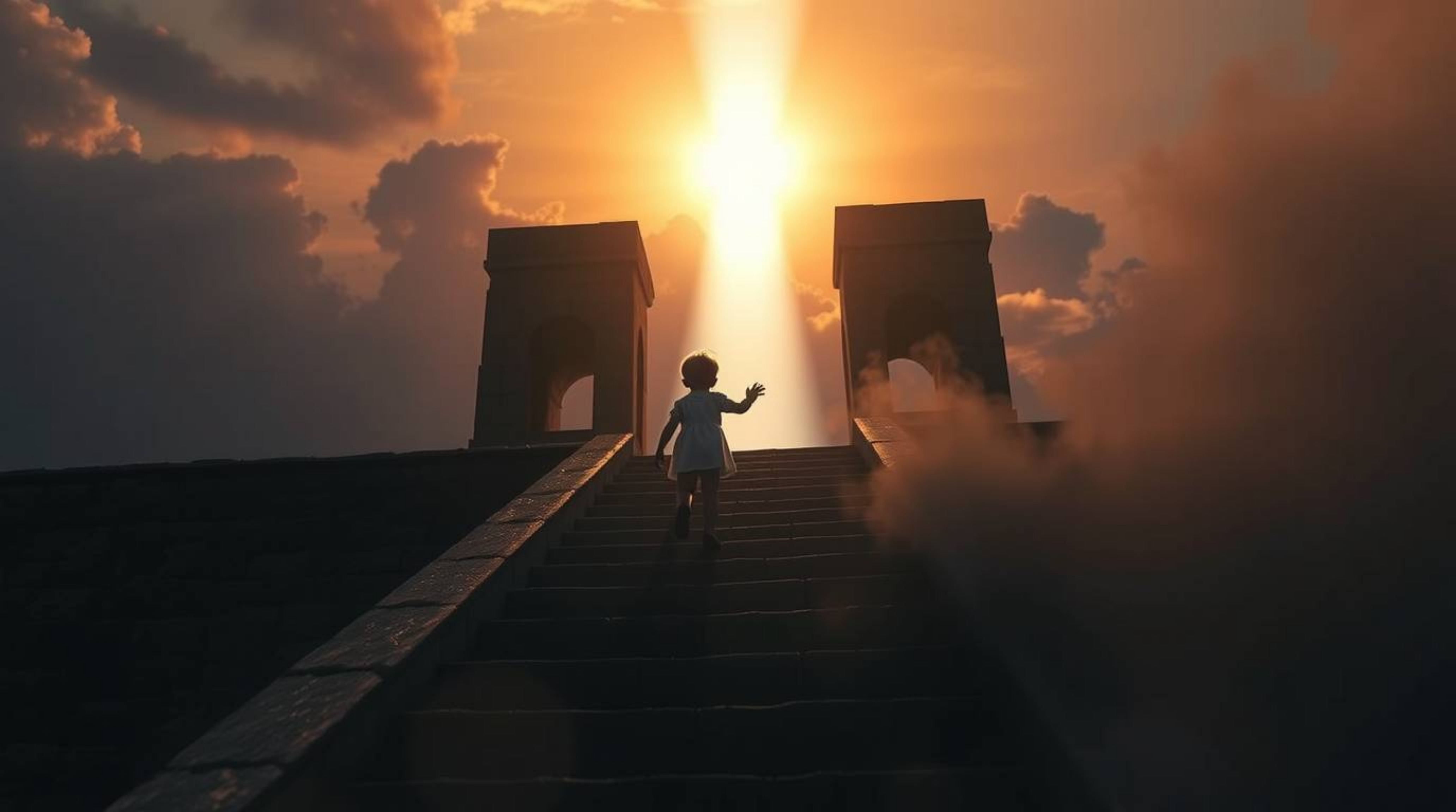A captivating image of a solitary, endearing figure with rosy cheeks ascending a stone staircase illuminated by a radiant bea