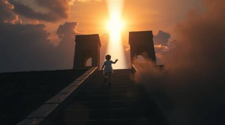 A captivating image of a solitary, endearing figure with rosy cheeks ascending a stone staircase illuminated by a radiant bea