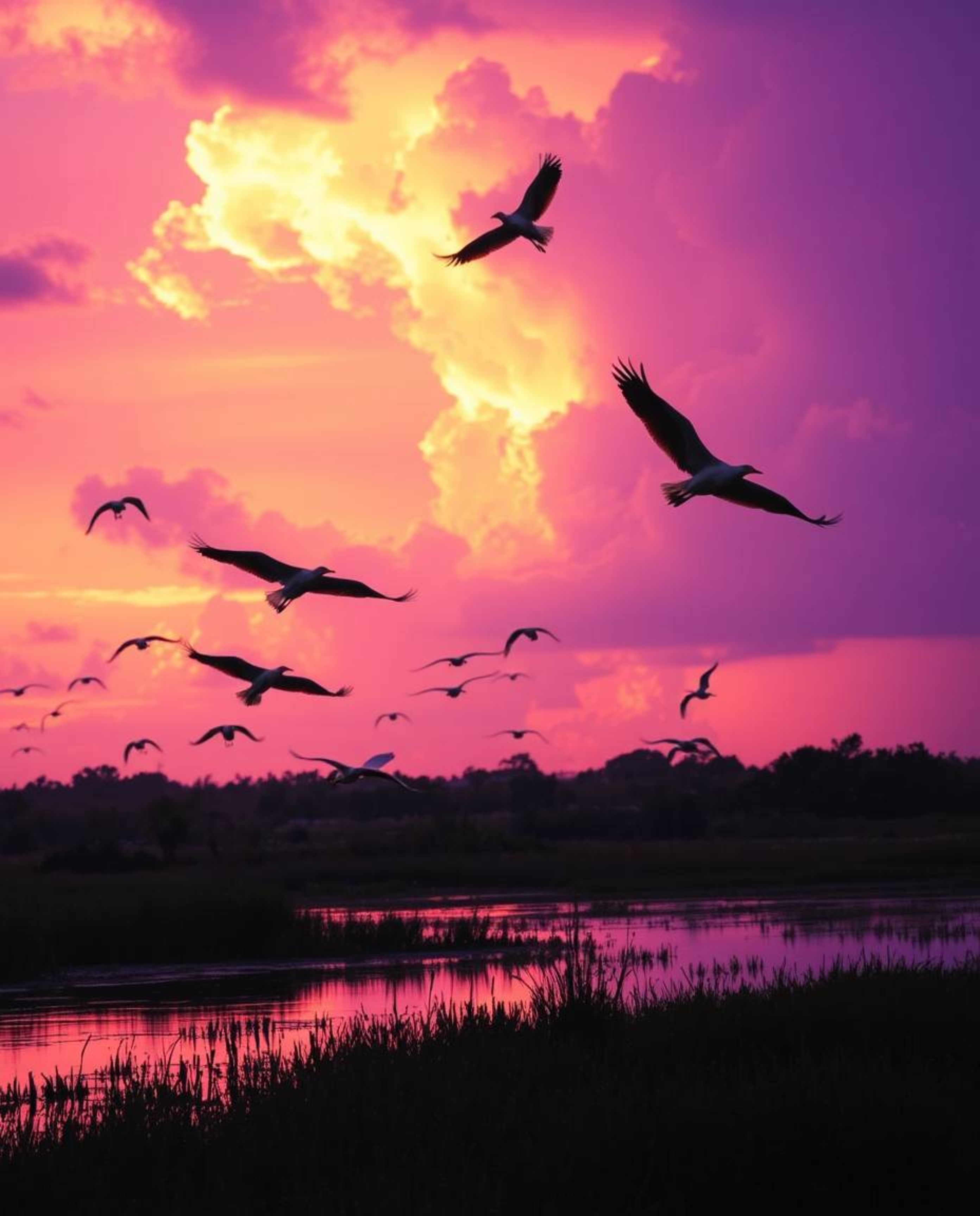 Amidst intense, dramatic weather, herons fly over wetlands during a surreal golden hour. The scene is saturated with deep ult