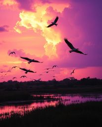 Amidst intense, dramatic weather, herons fly over wetlands during a surreal golden hour. The scene is saturated with deep ult
