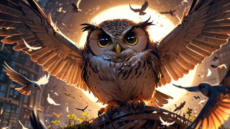 In a wonderfully imaginative and studious scene, rendered in a beautiful blend of Pixar and anime styles, a wise blind owl te