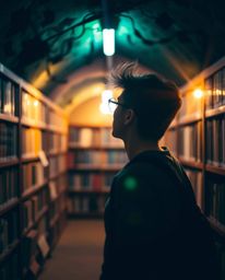 A captivating image showcasing a person's wondrous discovery of a hidden underground library. The scene is brought to life wi