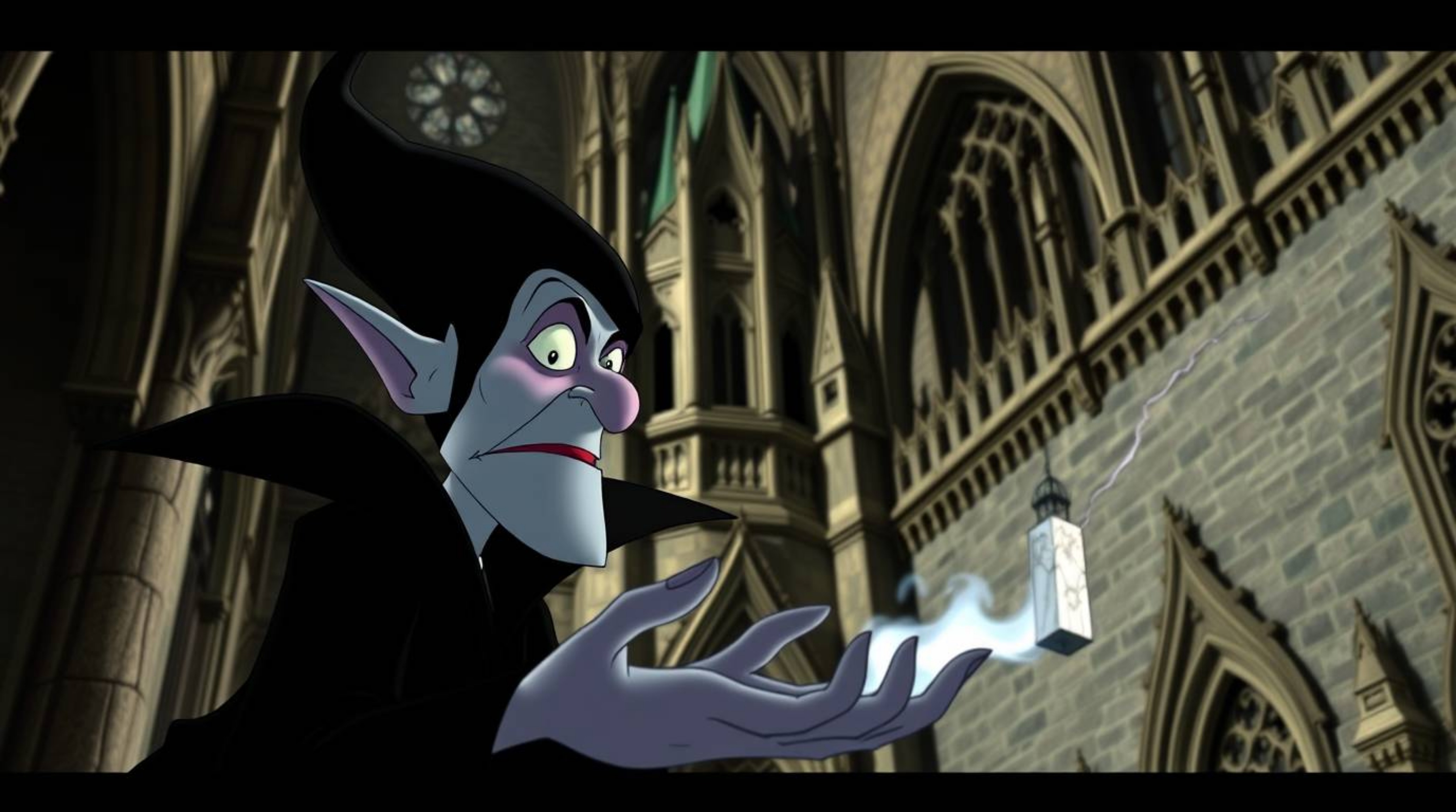 Captivating architectural color photography showcasing a classic Disney villain with refined features, deeply engrossed in ca
