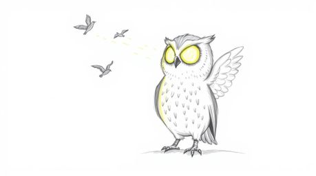 A heartwarming Pixar-style illustration of a blind owl with radiant, glowing feathers, bathed in a sunbeam as it gently guide