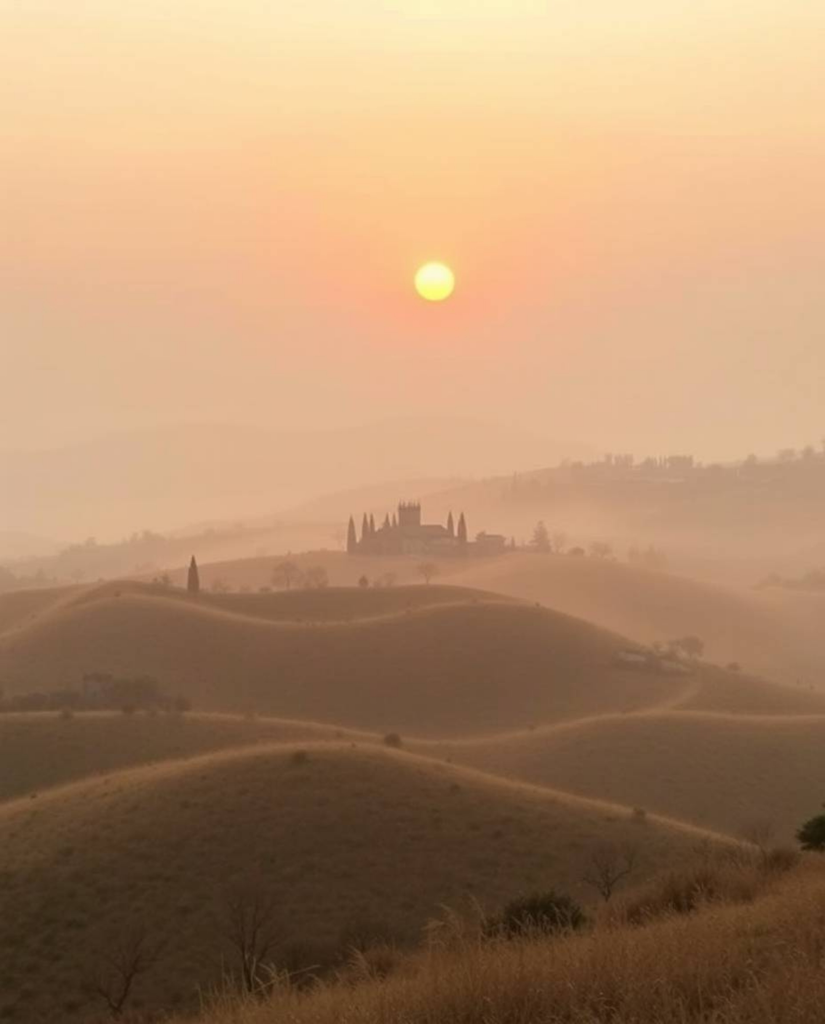 Dreamy sunset over misty Tuscan hills in soft, natural earth tones. Hazy, soft light, browns, beiges, and muted colors create