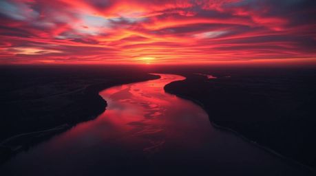 A captivating scene unfolds featuring a winding river illuminated under a dramatic orange-pink sky. The artwork utilizes cont