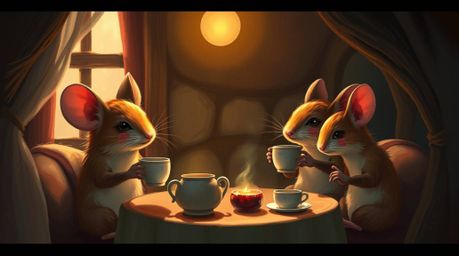 A charming digital painting depicts anthropomorphic mice enjoying a tea party in a cozy cottage.  The scene is bathed in soft