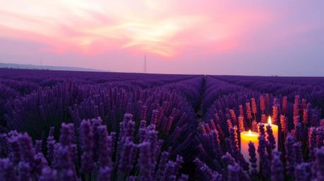 Experience the magic of lavender fields bathed in the soft glow of a dreamy pink sky. Warm terracotta and cool teal candlelig