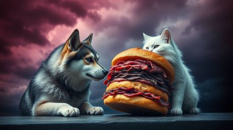 Capture the ethereal and spiritual vibe of a scene featuring a husky and a fluffy white cat locked in a tense struggle over a
