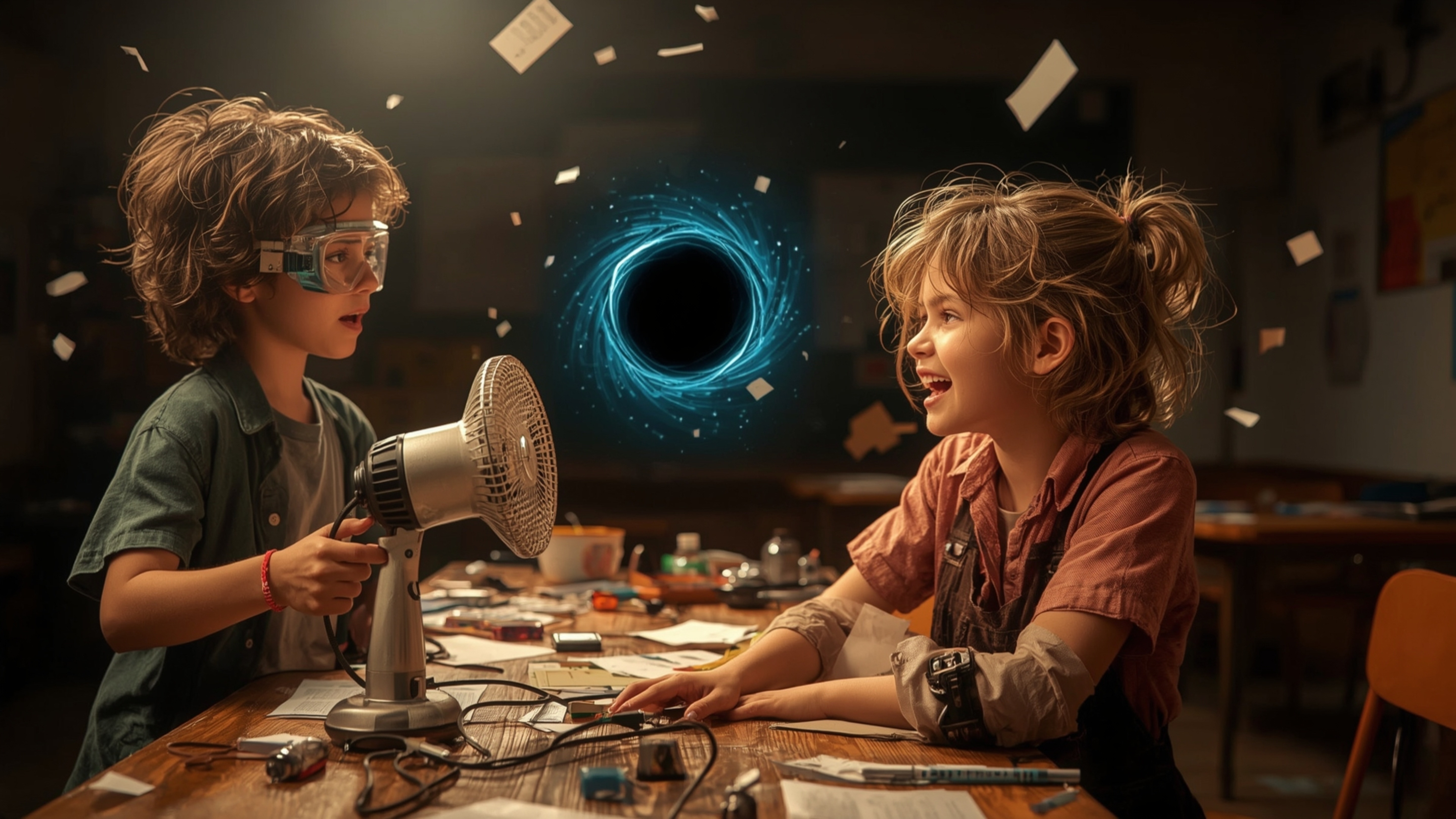 In a brightly lit, cinematic photograph with a Pixar-inspired style, two diverse science fair students stand before a clutter