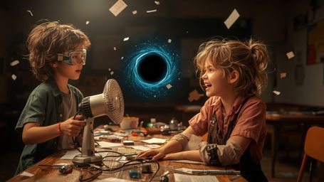 In a brightly lit, cinematic photograph with a Pixar-inspired style, two diverse science fair students stand before a clutter