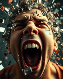 A captivating close-up reveals a person's scream as their world disintegrates into a mesmerizing pixelated chaos. This surrea