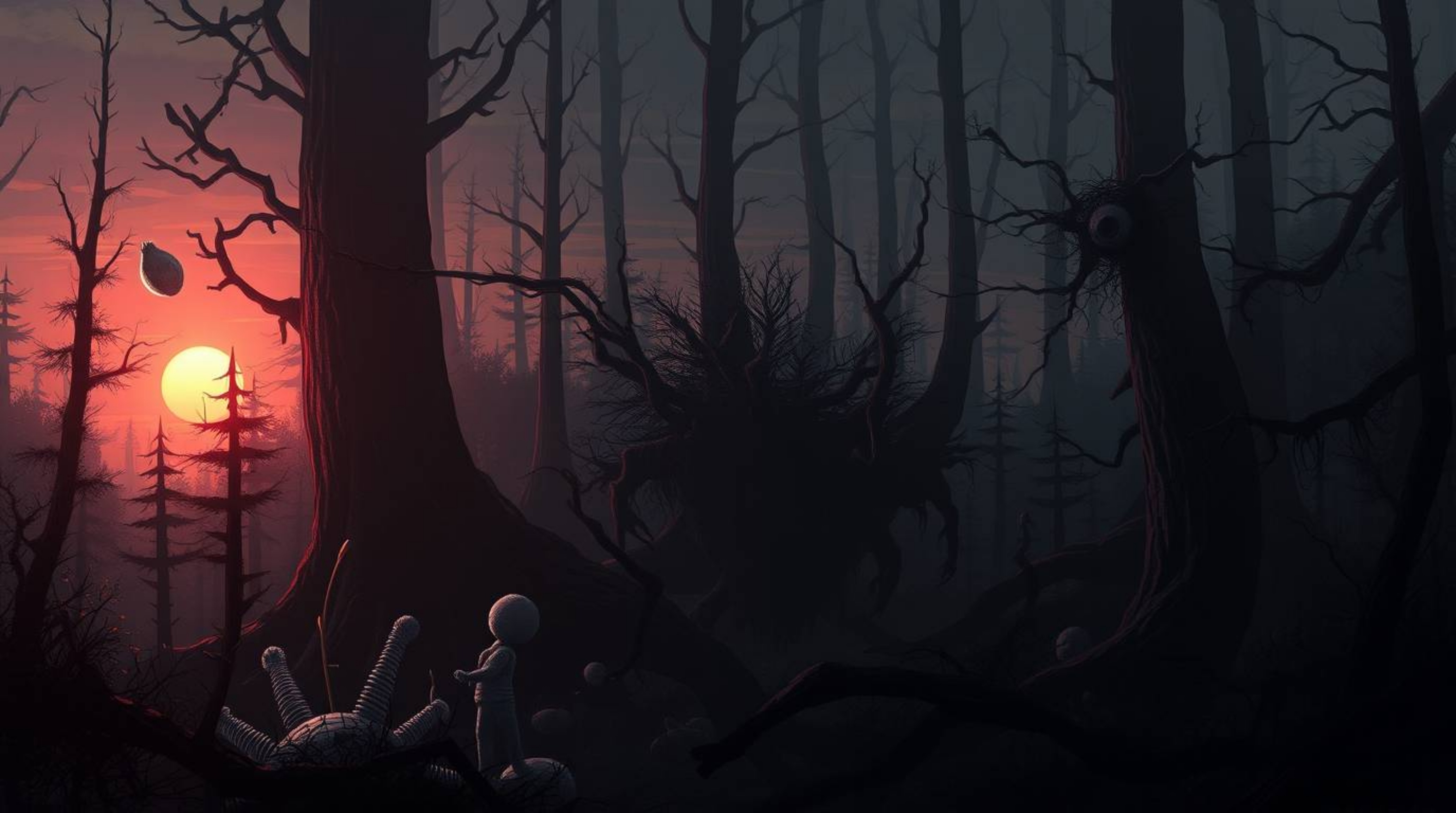 A captivating surreal digital illustration showcases a dreamlike fantastical forest bathed in the golden hues of a sunset.  T