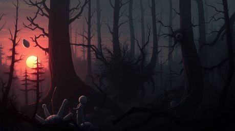 A captivating surreal digital illustration showcases a dreamlike fantastical forest bathed in the golden hues of a sunset.  T