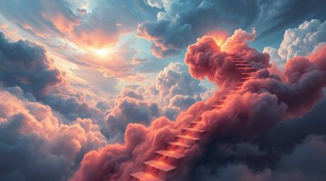 A captivating digital painting presents a winding stairway crafted from smoke and light, dramatically ascending into a vast a