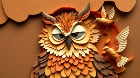 A unique layered papier-mâché artwork depicting a blind, Pixar-esque owl whispering words of encouragement to birds as they t