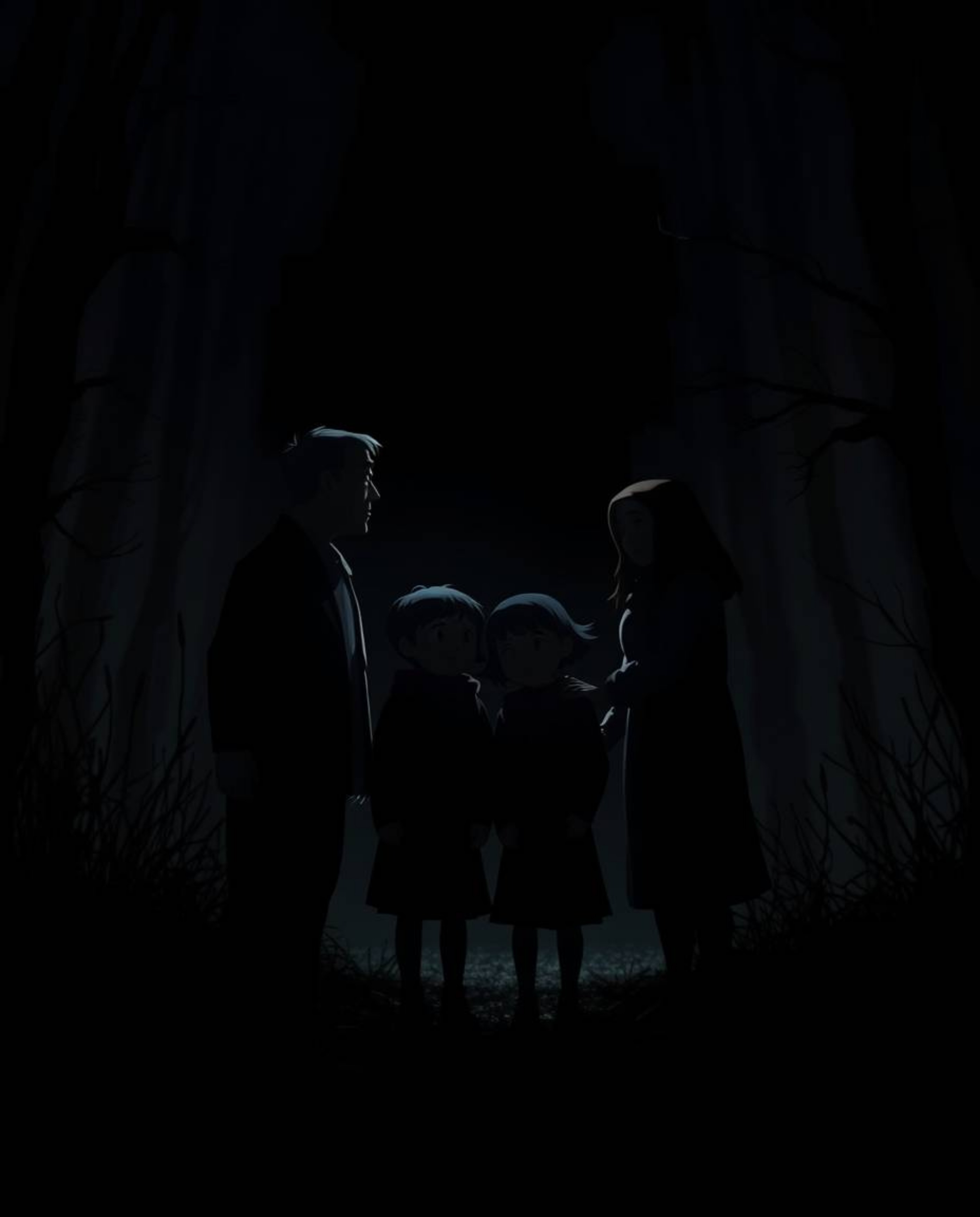 Experience an unsettling yet heartfelt family reunion rendered in an intense jet black Pixar style. Pure black, deep shadows,