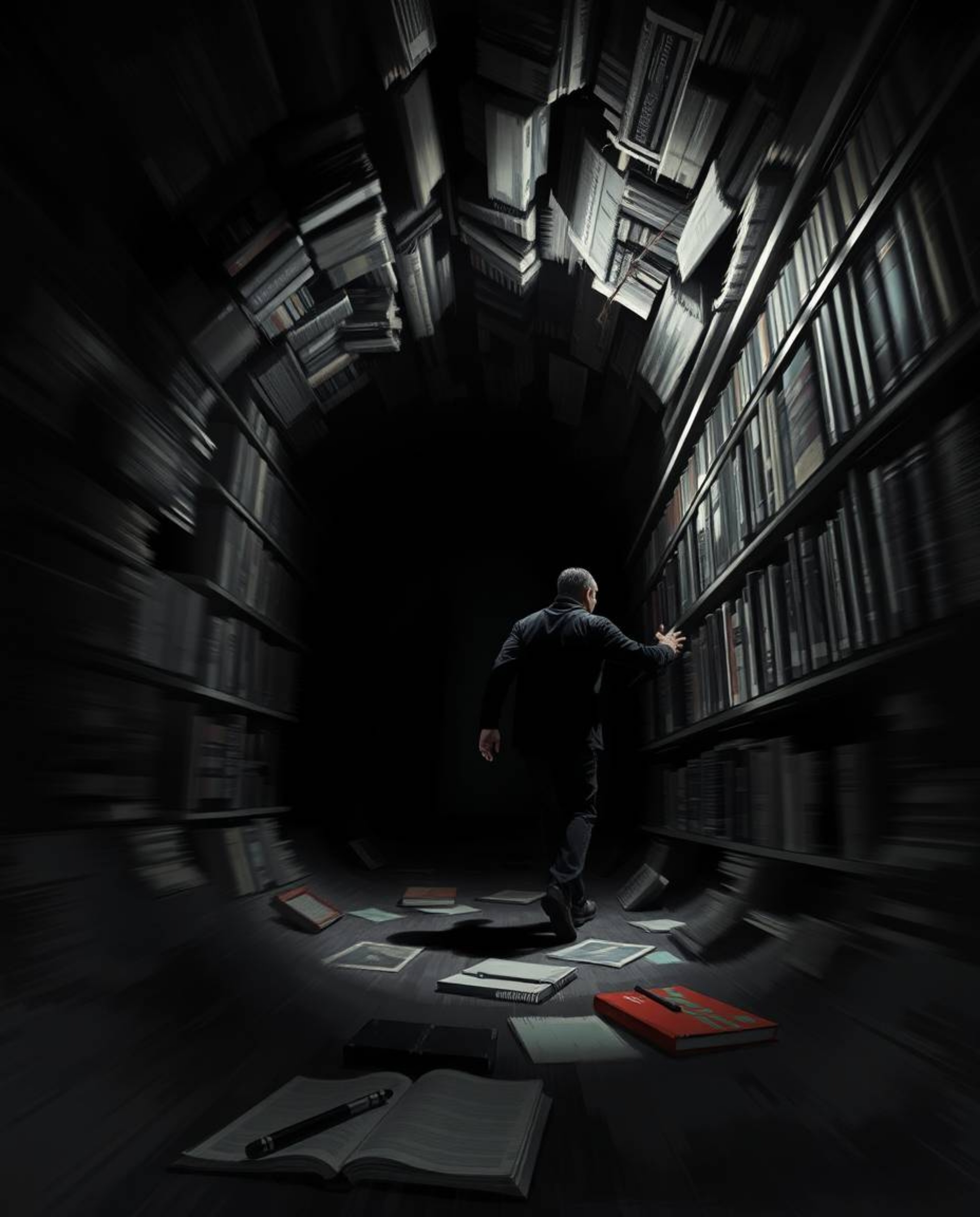 A captivating digital painting depicts a figure stumbling upon a clandestine underground library, rendered in intense jet bla