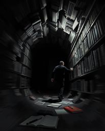 A captivating digital painting depicts a figure stumbling upon a clandestine underground library, rendered in intense jet bla