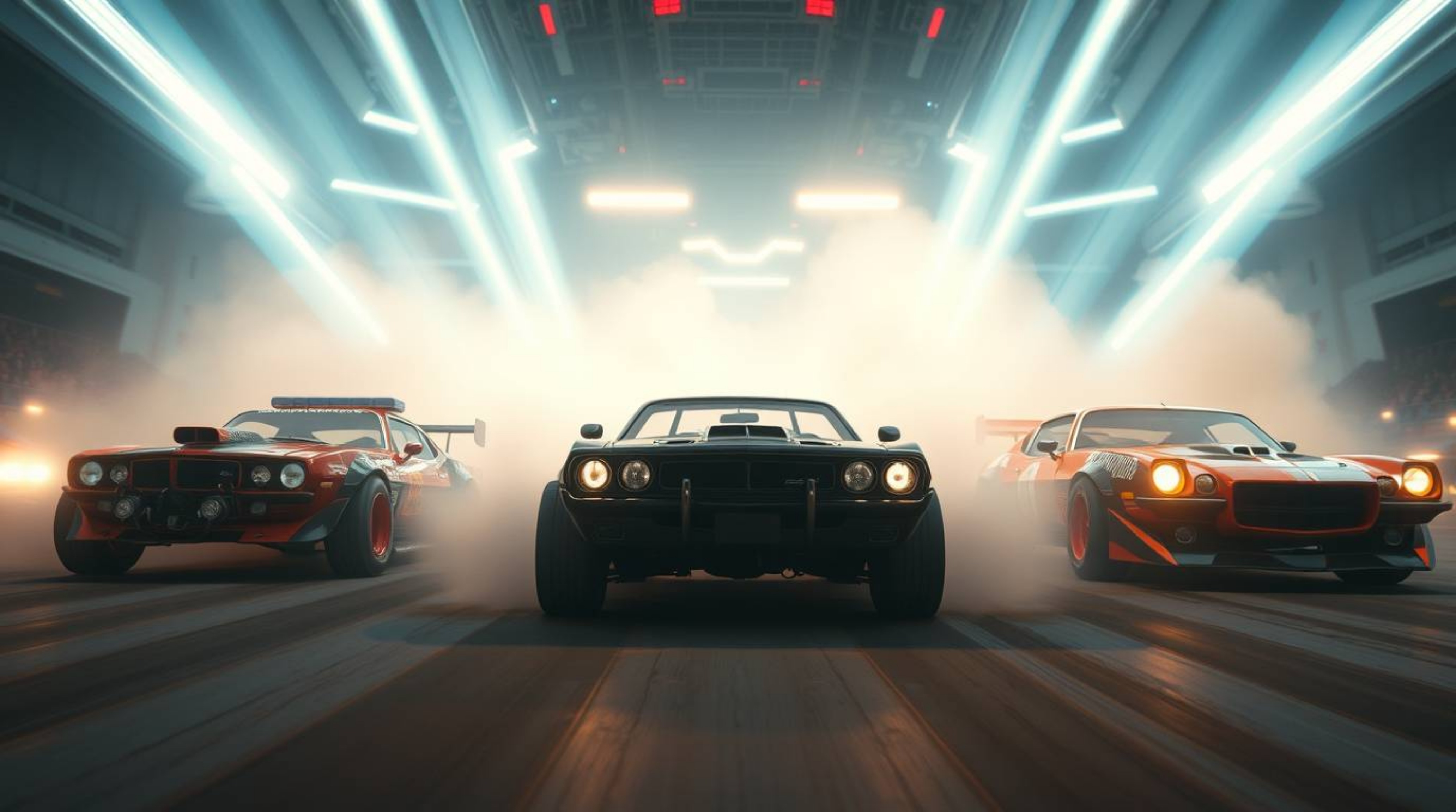 Experience a breathtaking, grand-scale futuristic racing scene illuminated by dramatic volumetric lighting and an epic lens g