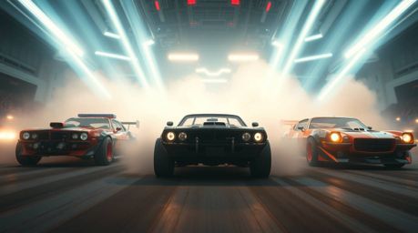 Experience a breathtaking, grand-scale futuristic racing scene illuminated by dramatic volumetric lighting and an epic lens g