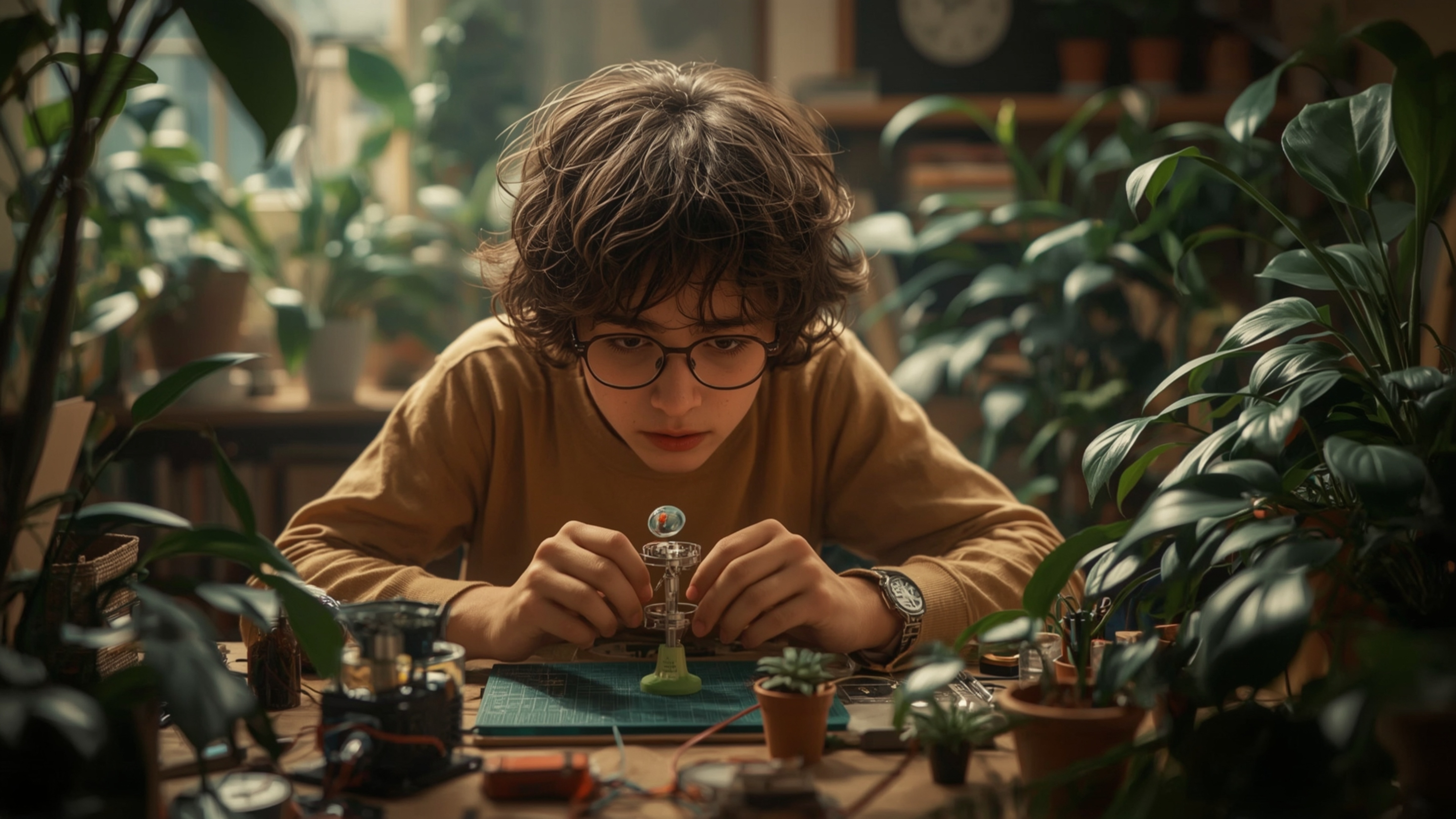 In a highly detailed, cinematic photograph, a bright-eyed, bespectacled homeschooled genius with curly brown hair is captured