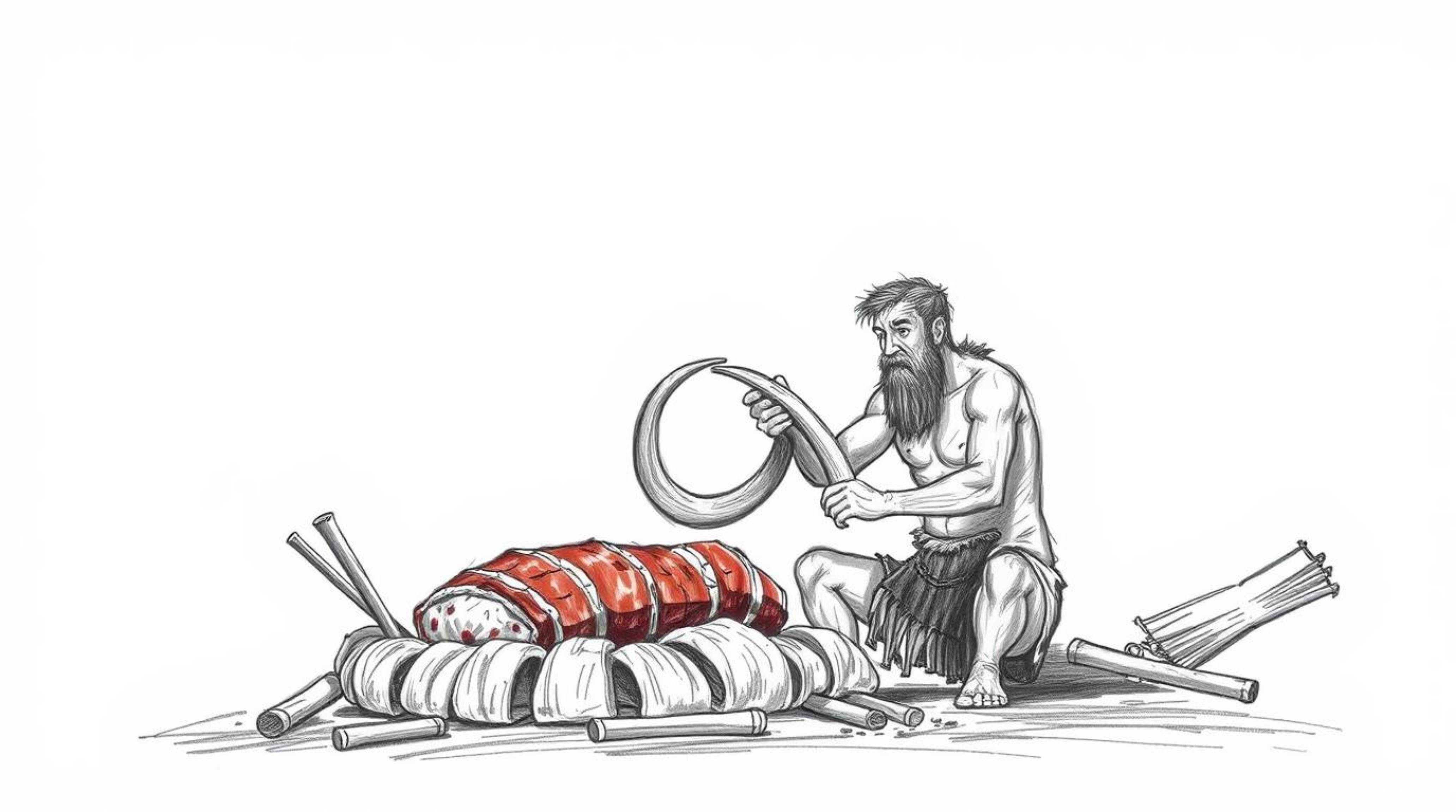 A dramatic, cinematic-style hand-drawn sketch depicting a caveman cooking mammoth meat. The image utilizes rough lines and te