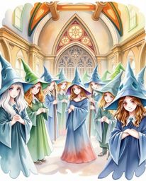 Explore a breathtaking watercolor depiction of a magical school brimming with young wizards. This elegant artwork showcases g