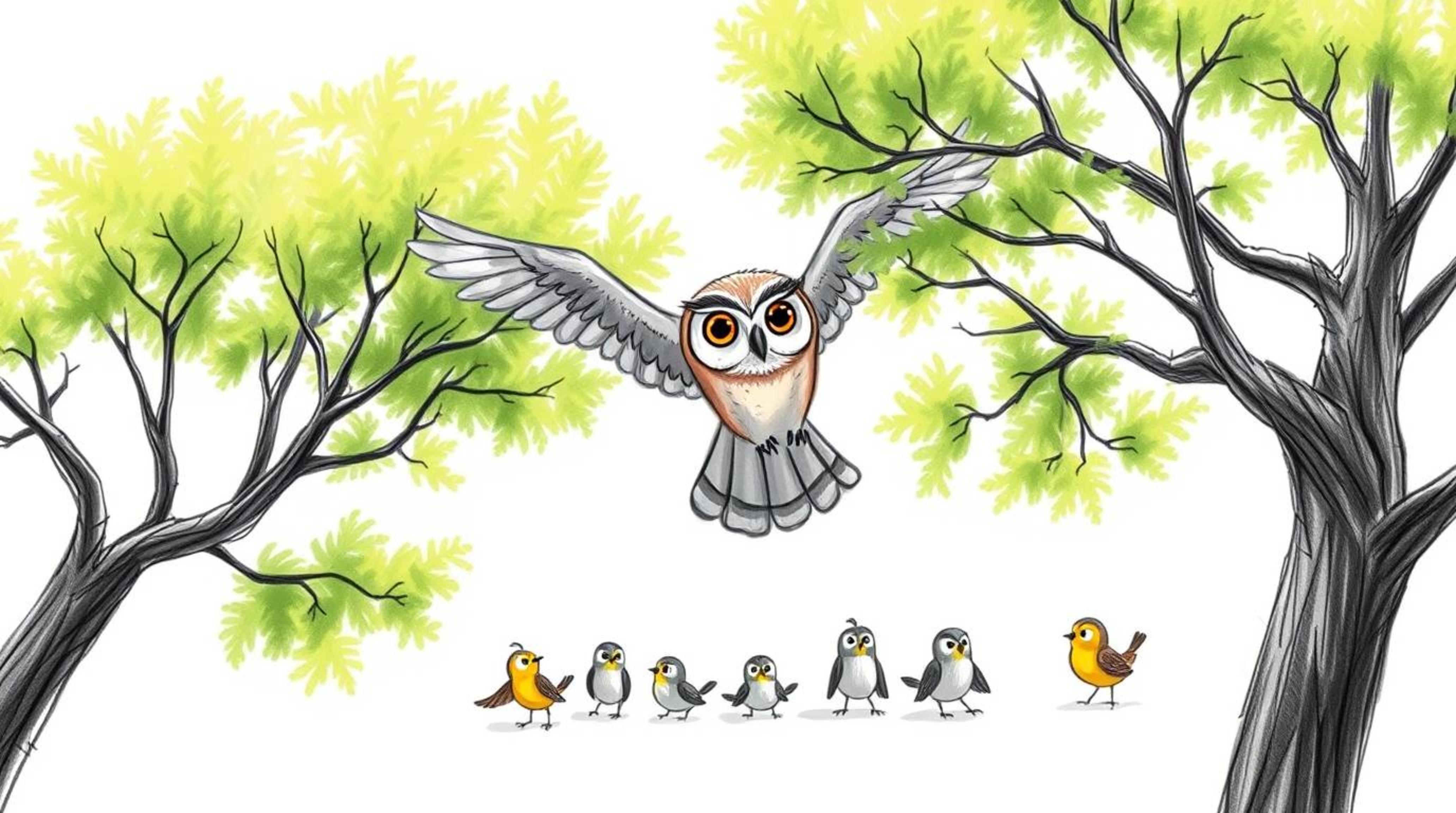 A heartwarming Pixar-style hand-drawn sketch depicts a blind owl with subtly textured feathers gracefully gliding between vib