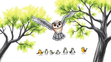 A heartwarming Pixar-style hand-drawn sketch depicts a blind owl with subtly textured feathers gracefully gliding between vib