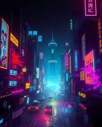 Immerse yourself in a vibrant and electrifying futuristic cyberpunk cityscape, where contrasting chiaroscuro lighting dramati