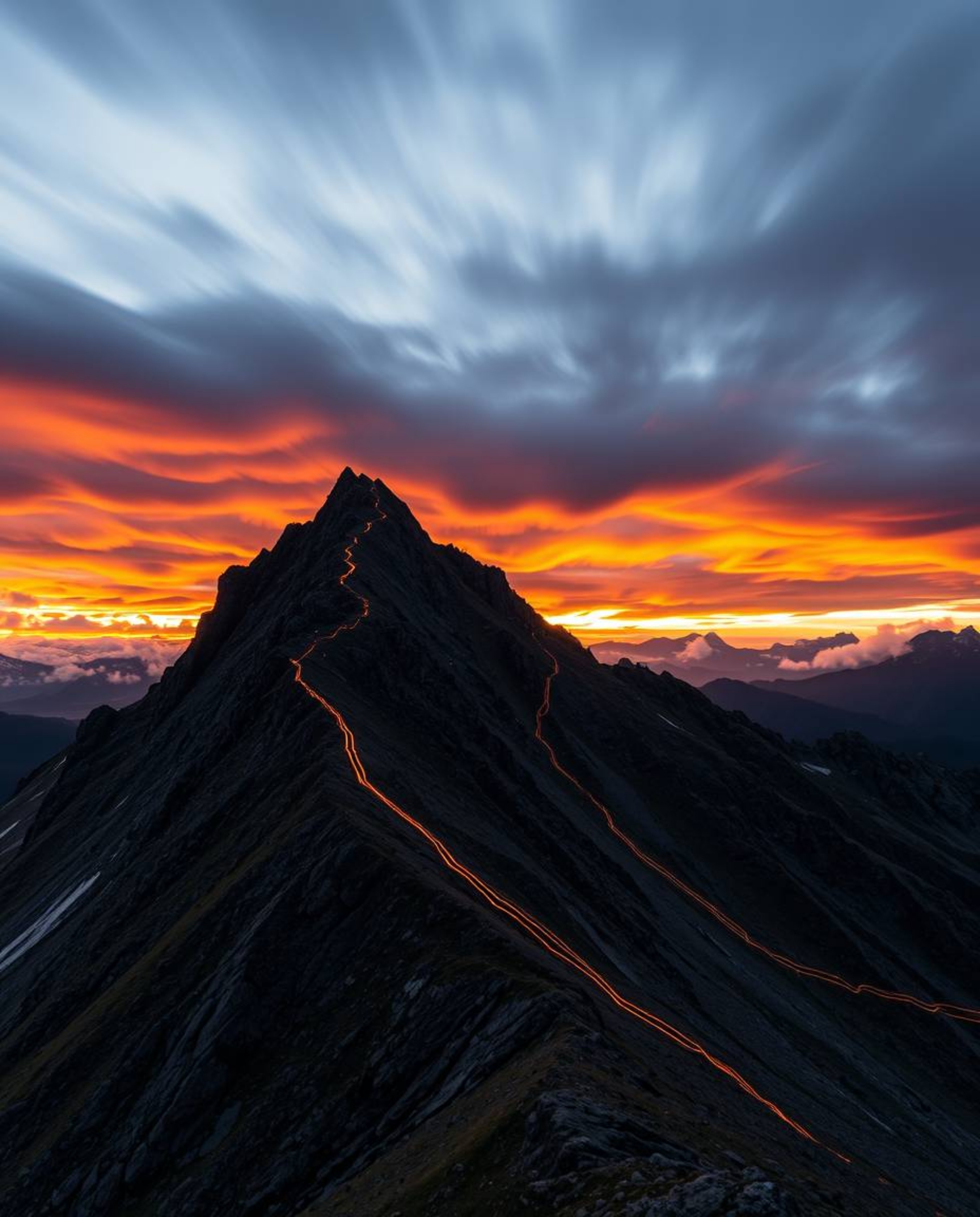 This long exposure photograph captures a dramatic high-alpine peak sunset set against turbulent stormy skies. The image featu