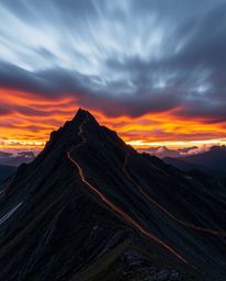 This long exposure photograph captures a dramatic high-alpine peak sunset set against turbulent stormy skies. The image featu