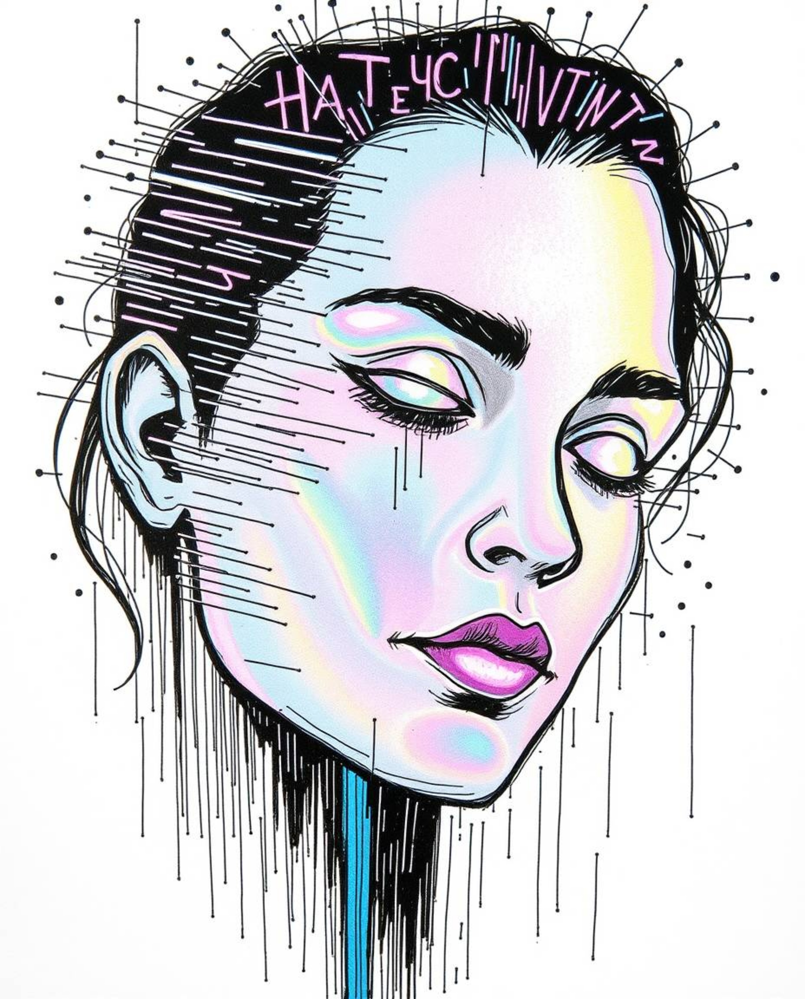 A vibrant, hand-drawn sketch in a sketchnote style showcases a captivating transformation: an iridescent human face dissolvin
