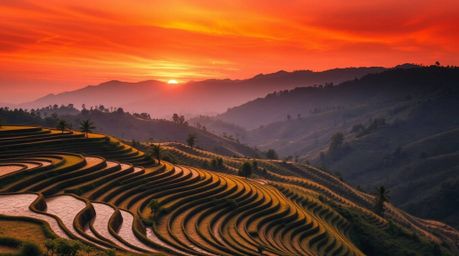 Experience the breathtaking beauty of a sunset over lush rice terraces nestled in the mountains. This image captures the esse