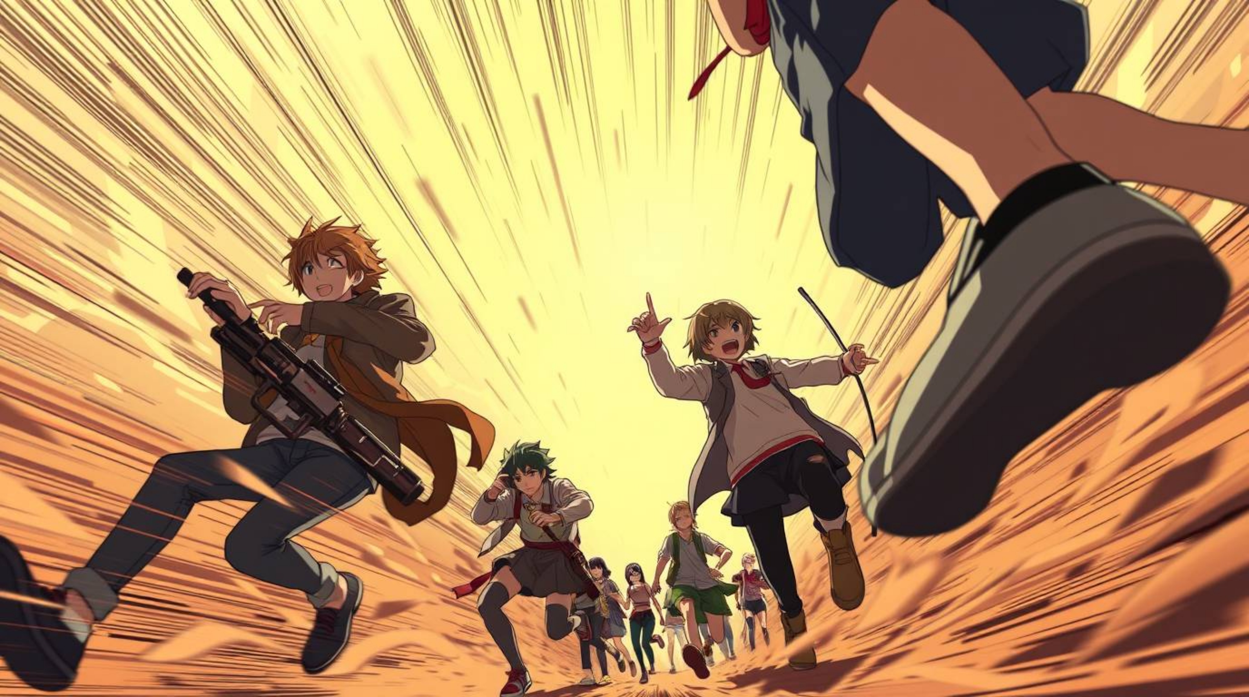 Immerse yourself in a thrilling low-angle Isekai anime-style chase scene. This sequence features exaggerated squash and stret