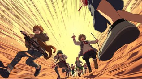 Immerse yourself in a thrilling low-angle Isekai anime-style chase scene. This sequence features exaggerated squash and stret