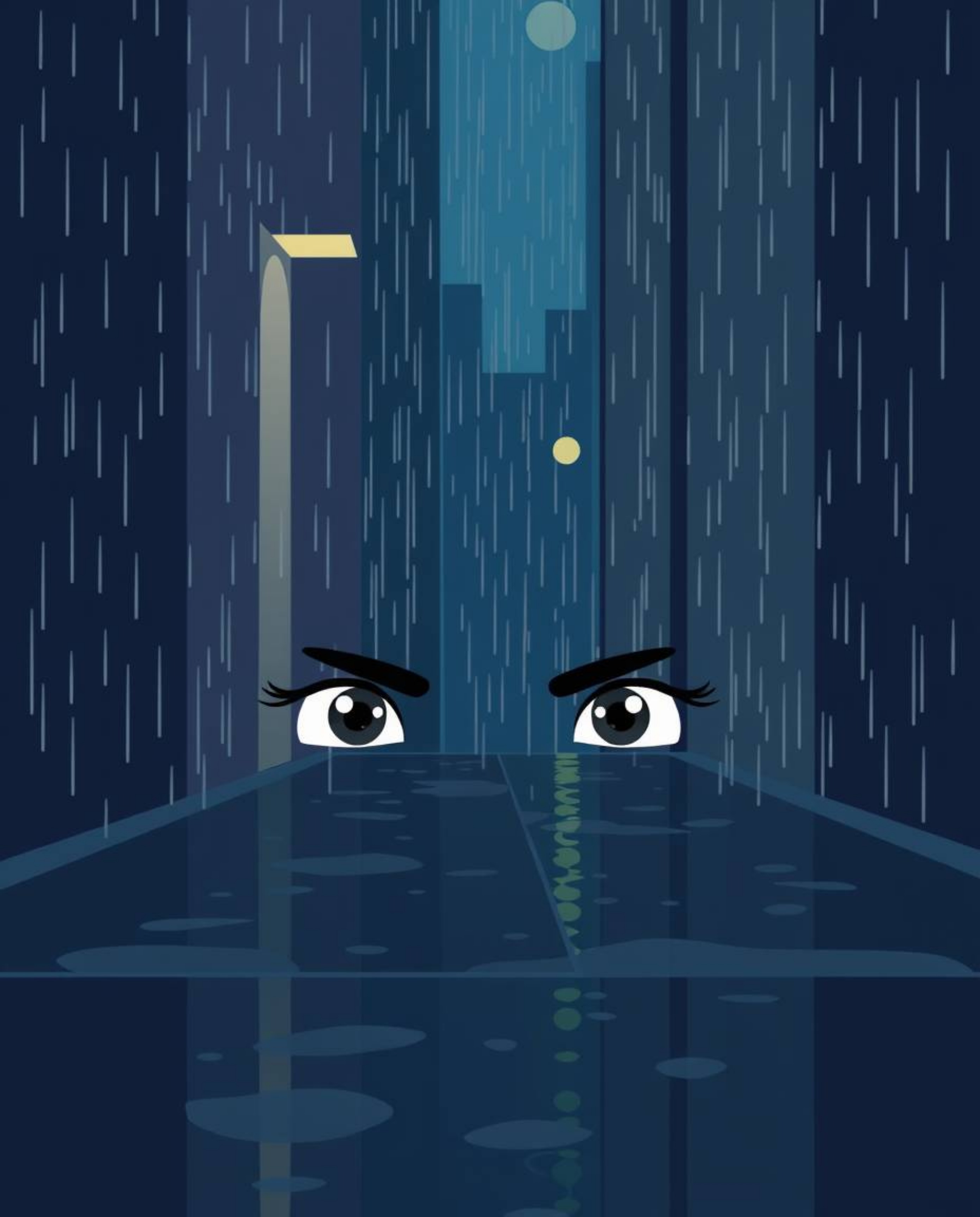 This striking modern flat design illustration depicts a wet rainy scene, focusing on eyes watching intently from a shadowy al
